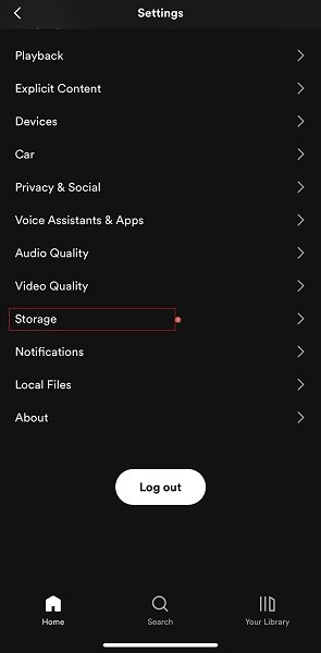 Storage on Spotify settings