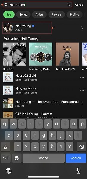 Search Neil Young on Spotify