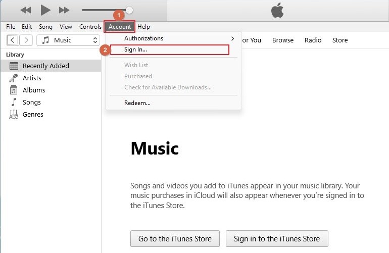 Sign in option on iTunes