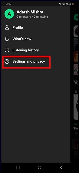 Settings and Privacy option on Spotify