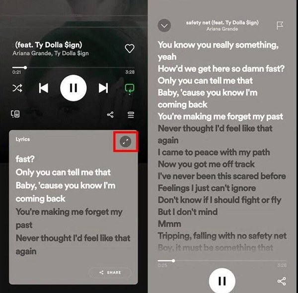 lyrics fullscreen on Spotify mobile