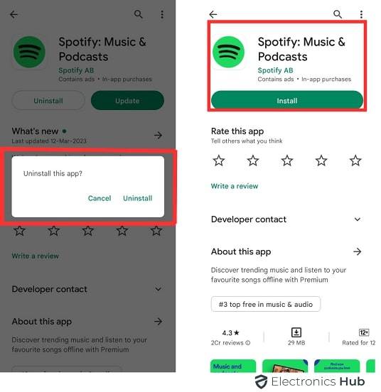 uninstall and install Spotify app on Android