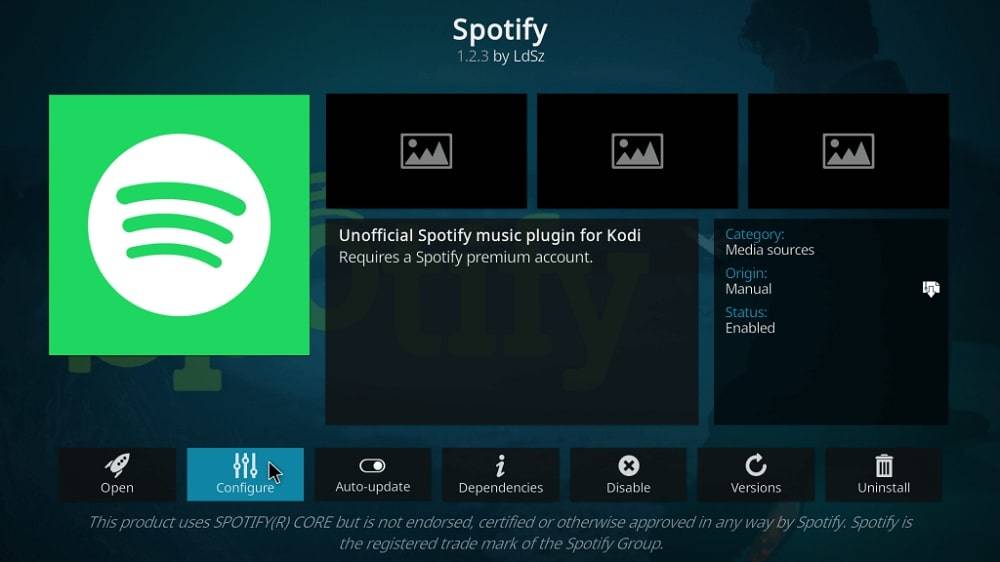 Spotify music addon configure on kodi